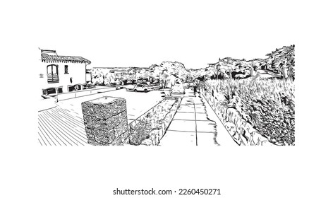 Building view with landmark of Porto Cervo is the 
comune in Italy. Hand drawn sketch illustration in vector.