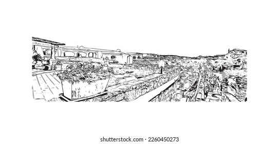 Building view with landmark of Porto Cervo is the 
comune in Italy. Hand drawn sketch illustration in vector.