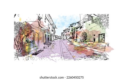 Building view with landmark of Porto Cervo is the 
comune in Italy. Watercolor splash with hand drawn sketch illustration in vector.