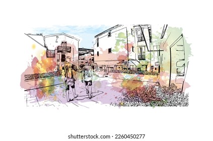 Building view with landmark of Porto Cervo is the 
comune in Italy. Watercolor splash with hand drawn sketch illustration in vector.