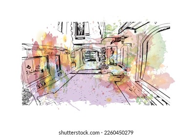 Building view with landmark of Porto Cervo is the 
comune in Italy. Watercolor splash with hand drawn sketch illustration in vector.