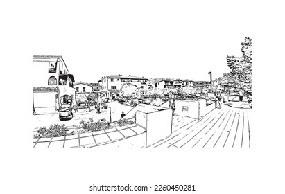 Building view with landmark of Porto Cervo is the 
comune in Italy. Hand drawn sketch illustration in vector.