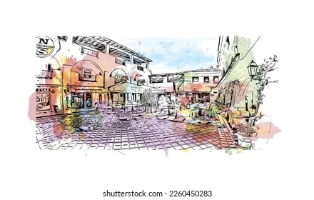 Building view with landmark of Porto Cervo is the 
comune in Italy. Watercolor splash with hand drawn sketch illustration in vector.