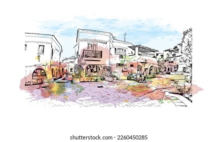 Building view with landmark of Porto Cervo is the 
comune in Italy. Watercolor splash with hand drawn sketch illustration in vector.