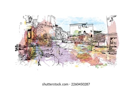 Building view with landmark of Porto Cervo is the 
comune in Italy. Watercolor splash with hand drawn sketch illustration in vector.