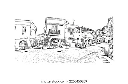 Building view with landmark of Porto Cervo is the 
comune in Italy. Hand drawn sketch illustration in vector.