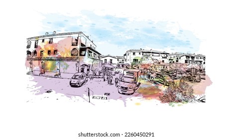 Building view with landmark of Porto Cervo is the 
comune in Italy. Watercolor splash with hand drawn sketch illustration in vector.