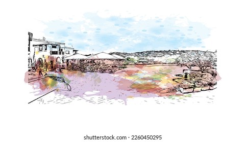 Building view with landmark of Porto Cervo is the 
comune in Italy. Watercolor splash with hand drawn sketch illustration in vector.