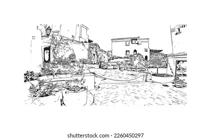 Building view with landmark of Porto Cervo is the 
comune in Italy. Hand drawn sketch illustration in vector.