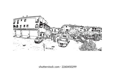 Building view with landmark of Porto Cervo is the 
comune in Italy. Hand drawn sketch illustration in vector.