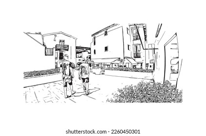 Building view with landmark of Porto Cervo is the 
comune in Italy. Hand drawn sketch illustration in vector.