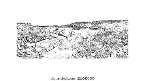 Building view with landmark of Porto Cervo is the 
comune in Italy. Hand drawn sketch illustration in vector.