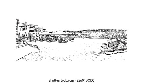 Building view with landmark of Porto Cervo is the 
comune in Italy. Hand drawn sketch illustration in vector.