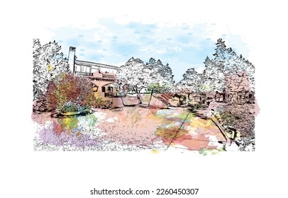 Building view with landmark of Porto Cervo is the 
comune in Italy. Watercolor splash with hand drawn sketch illustration in vector.