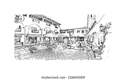 Building view with landmark of Porto Cervo is the 
comune in Italy. Hand drawn sketch illustration in vector.