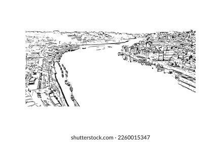 Building view with landmark of Porto is a coastal city in northwest Portugal. Hand drawn sketch illustration in vector.