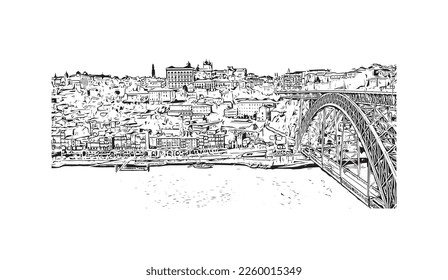 Building view with landmark of Porto is a coastal city in northwest Portugal. Hand drawn sketch illustration in vector.