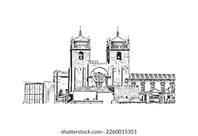 Building view with landmark of Porto is a coastal city in northwest Portugal. Hand drawn sketch illustration in vector.