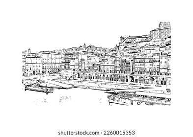 Building view with landmark of Porto is a coastal city in northwest Portugal. Hand drawn sketch illustration in vector.