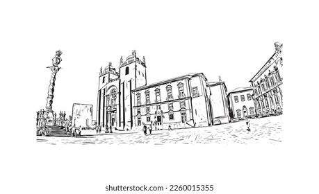 Building view with landmark of Porto is a coastal city in northwest Portugal. Hand drawn sketch illustration in vector.