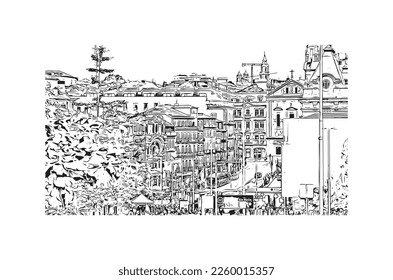 Building view with landmark of Porto is a coastal city in northwest Portugal. Hand drawn sketch illustration in vector.