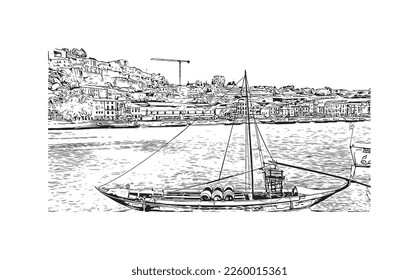 Building view with landmark of Porto is a coastal city in northwest Portugal. Hand drawn sketch illustration in vector.