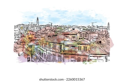 Building view with landmark of Porto is a coastal city in northwest Portugal. Watercolor splash with hand drawn sketch illustration in vector.