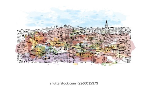 Building view with landmark of Porto is a coastal city in northwest Portugal. Watercolor splash with hand drawn sketch illustration in vector.