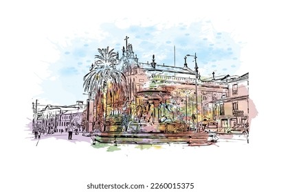 Building view with landmark of Porto is a coastal city in northwest Portugal. Watercolor splash with hand drawn sketch illustration in vector.