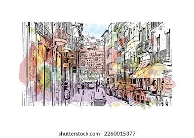 Building view with landmark of Porto is a coastal city in northwest Portugal. Watercolor splash with hand drawn sketch illustration in vector.