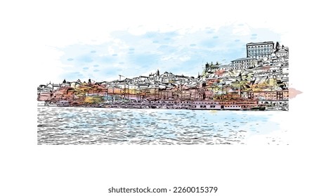 Building view with landmark of Porto is a coastal city in northwest Portugal. Watercolor splash with hand drawn sketch illustration in vector.