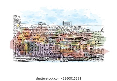 Building view with landmark of Porto is a coastal city in northwest Portugal. Watercolor splash with hand drawn sketch illustration in vector.