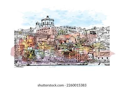 Building view with landmark of Porto is a coastal city in northwest Portugal. Watercolor splash with hand drawn sketch illustration in vector.