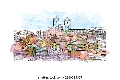 Building view with landmark of Porto is a coastal city in northwest Portugal. Watercolor splash with hand drawn sketch illustration in vector.