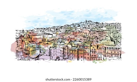 Building view with landmark of Porto is a coastal city in northwest Portugal. Watercolor splash with hand drawn sketch illustration in vector.