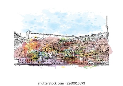 Building view with landmark of Porto is a coastal city in northwest Portugal. Watercolor splash with hand drawn sketch illustration in vector.