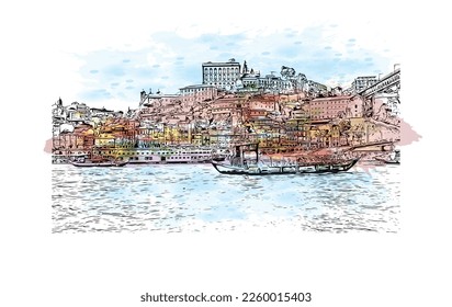 Building view with landmark of Porto is a coastal city in northwest Portugal. Watercolor splash with hand drawn sketch illustration in vector.