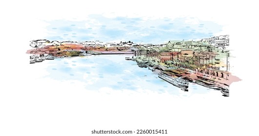 Building view with landmark of Porto is a coastal city in northwest Portugal. Watercolor splash with hand drawn sketch illustration in vector.