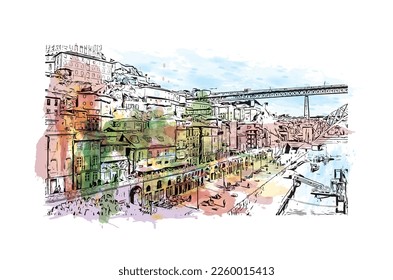 Building view with landmark of Porto is a coastal city in northwest Portugal. Watercolor splash with hand drawn sketch illustration in vector.