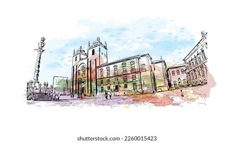 Building view with landmark of Porto is a coastal city in northwest Portugal. Watercolor splash with hand drawn sketch illustration in vector.