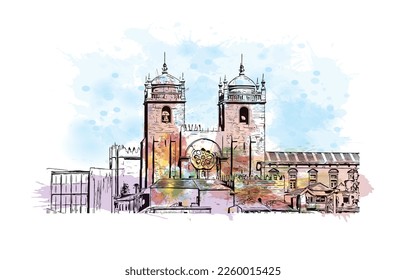 Building view with landmark of Porto is a coastal city in northwest Portugal. Watercolor splash with hand drawn sketch illustration in vector.