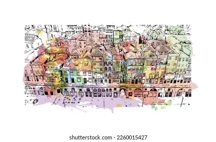 Building view with landmark of Porto is a coastal city in northwest Portugal. Watercolor splash with hand drawn sketch illustration in vector.