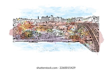 Building view with landmark of Porto is a coastal city in northwest Portugal. Watercolor splash with hand drawn sketch illustration in vector.