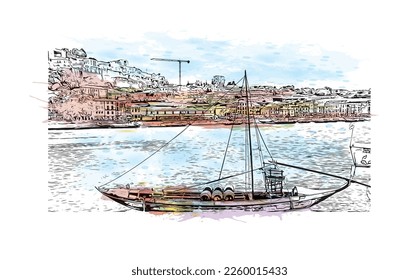 Building view with landmark of Porto is a coastal city in northwest Portugal. Watercolor splash with hand drawn sketch illustration in vector.