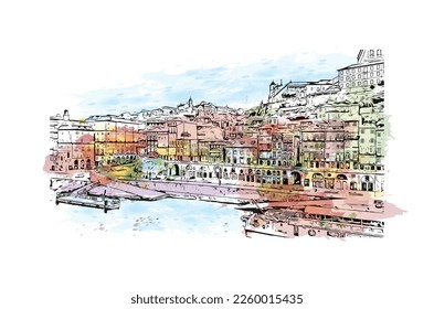 Building view with landmark of Porto is a coastal city in northwest Portugal. Watercolor splash with hand drawn sketch illustration in vector.