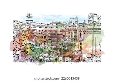 Building view with landmark of Porto is a coastal city in northwest Portugal. Watercolor splash with hand drawn sketch illustration in vector.