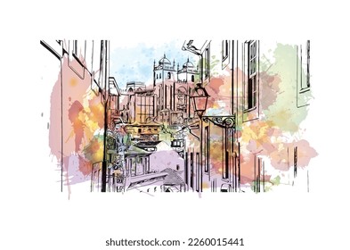 Building view with landmark of Porto is a coastal city in northwest Portugal. Watercolor splash with hand drawn sketch illustration in vector.