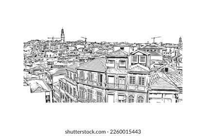 Building view with landmark of Porto is a coastal city in northwest Portugal. Hand drawn sketch illustration in vector.