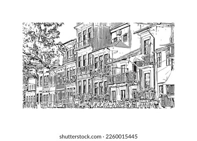 Building view with landmark of Porto is a coastal city in northwest Portugal. Hand drawn sketch illustration in vector.