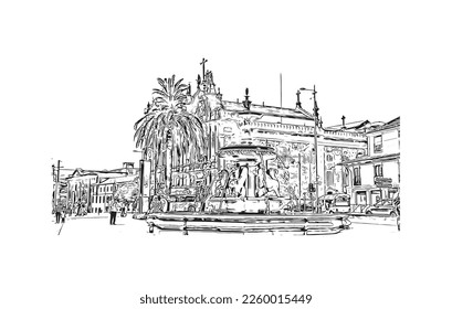 Building view with landmark of Porto is a coastal city in northwest Portugal. Hand drawn sketch illustration in vector.